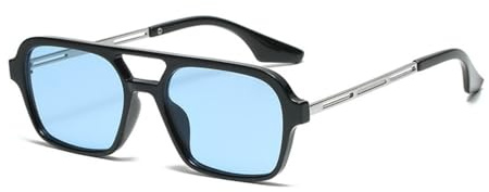 qinqilanqi-S Trendy Vintage 70s Square Sonnenbrille für Frauen und Männer Metall Design, Double Bridge UV-Schutz (Schwarz/Blau)
