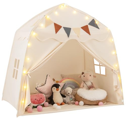 COSTWAY Kids Play Tent, Toddler Bed Tents with String Lights, Flag Banner, 2 Windows, Indoor Outdoor Castle Fairy Playhouse for Boys Girls (Beige)