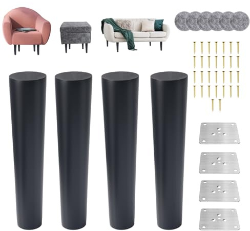 Luabue 4 Pack Wooden Furniture Legs 18cm Sofa Leg Black Cabinet Feet, Solid Rubber Wood Table Legs Black Chair Leg 7 inch Straight Cone Bed Feet with Mounting Plate & Non-Slip Pad & Screws