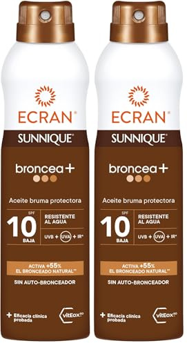 Ecran Sunnique - Bruma Aceite Protector FPS 10, Protección UVB + UVA e IR-A, Resistente al Agua, Con Tecnología Pure Bronze y VitEox 80, Activa el Bronceado Natural, Sin Autobronceador - 250 ml