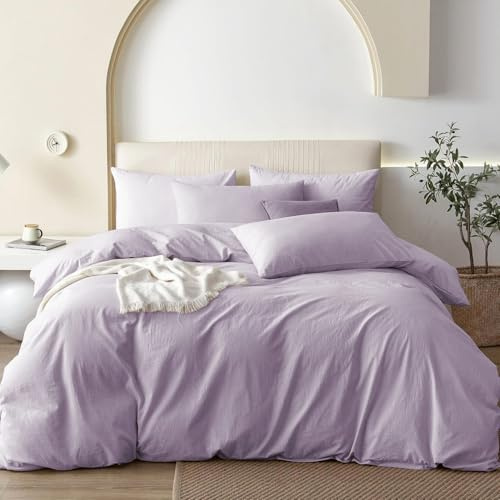 Bettwäsche 135x200 Baumwolle Lila Flieder Bettbezug und Kissenbezug 40x80cm | Baumwollbettwäsche Set, Lila Violett Einfarbig, Lavendel, ÖKO-TEX, Gewaschene Baumwolle Bettwäsche-Sets mit Reißverschluss