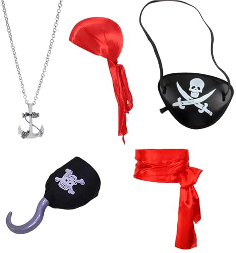 MUNSKT Piratenkostüm-Zubehör-Set, Piraten-Bandana, Schärpe, Gürtel, Totenkopf, Augenklappe, Kapitän, Stoffhaken, Anker, Halskette für Kinder und Erwachsene, Halloween, Geburtstagsparty