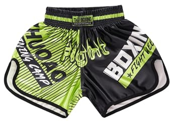Fasheepfa Muay Thai shorts barn boxningsshorts MMA strid träningsbur slåss brottning kampsport kickboxning shorts, Grön &svart, 7-8 år