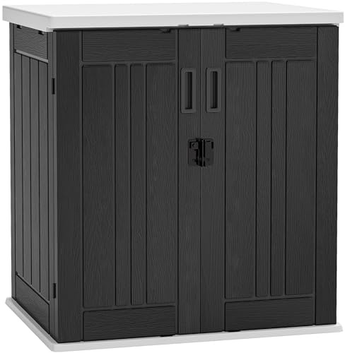 YITAHOME Outdoor Storage Cabinet with 2 Shelves, Waterproof Resin Horizontal Tool Shed, Lockable 15 cu. ft. Storage Shed for Patio, Garden, Yard, Dark Gray