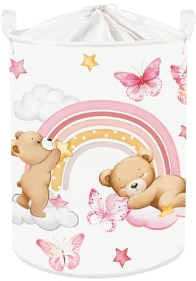 Clastyle Regenbogen Kinder Wäschekorb mit Henkel Faltbar Kleidung Spielzeug Aufbewahrungskorb Mädchen Aufbewahrungsbox für Babyzimmer Bad, Bär, 36x45 cm