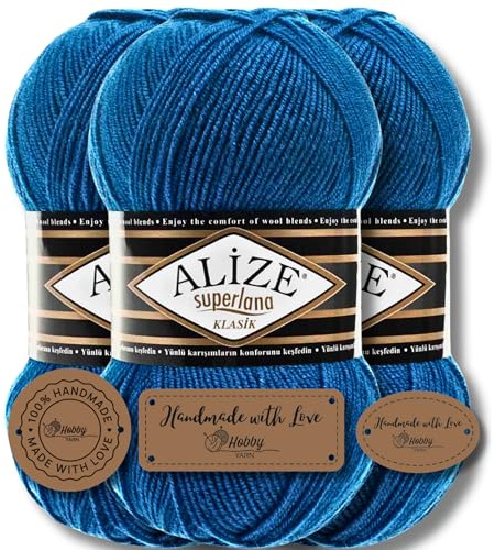 Hobby YARN 3x Etikettenlabel mit Alize Superlana Klasik Wolle Premium 3x100g als Set, Yarn, Garn, Strickgarn, Einfarbig, Baby, zum Häkeln, Stricken, Kleidung, Schals (141)