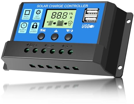 30A Laderegler Solar 12V/24V Solarladeregler mit LED-Display, dualen USB-Anschlüssen, Zeiteinstellung und PWM Autoparameter