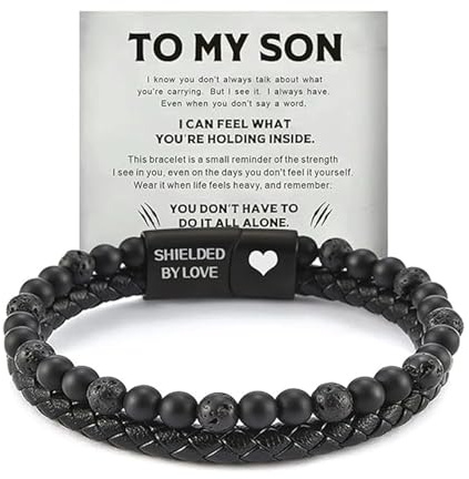 Son's Tiger Eye Protection Bracelets For Men, To My Son Bracelet from Mom Leather Black Beaded Bangle Engarved With Love You Forever Cuff Jewelry Gift for Birthday Christmas (Black-Shielded by love)
