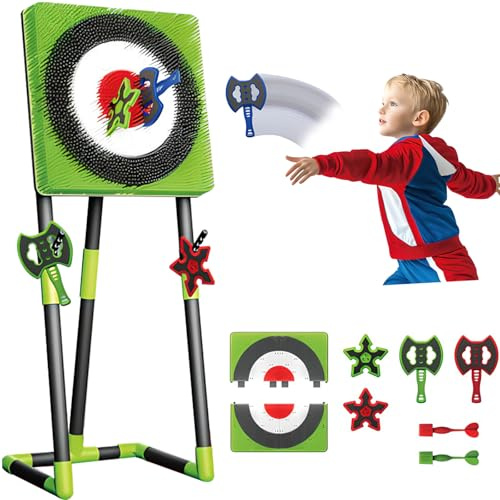 3-in-1 Axe Throw & Lawn Dart Game Set, Dart Game Board with 2 Six-star Darts 2 Axes, 2 Darts, Sturdy Foldable Safe Toy for Family Parent-child, Outdoor green Square