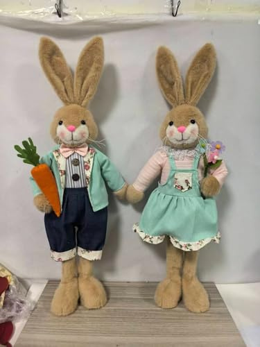Glintoper 2 Pack Easter Decorations Standing Bunny with Stretchable Legs, 21 to 26 Brown Rabbits Couple Figurine, Party Favor Photo Props Gifts for Office Kitchen Farmhouse Front Door Spring Home