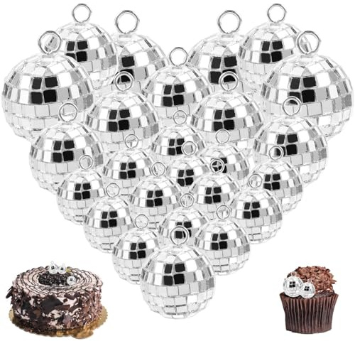 Discokugel Deko, 24 Stück Mini Discokugel Set, Glänzend Discokugel Klein, Silber Spiegelkugel Discokugeln, Disco Kugel für Kuchendekoration, 70er Jahre 80er Disco Themenparty Deko
