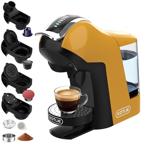 KOTLIE Macchina da caffè multifunzione compatibile per uso capsula e polvere, 3 tempi, 7 livelli di acqua, 1 L serbatoio acqua EM-308B (giallo)