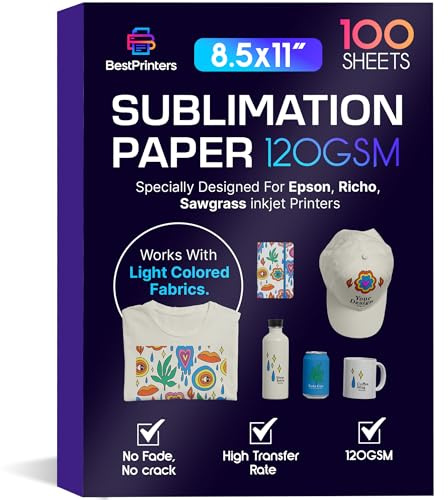 Sublimation Paper 8.5x11 inches,100 Sheets 120 GSM For Any Epson, Sawgrass Inkjet Printer - Sublimation Ink Compatible Heat Transfer Sublimation Paper for T-shirt, Metal, Hats, Mugs - Light Fabric