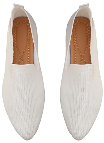 Barfotaskor dam sommar, dam ballerina platta skor stickade fritidsskor slip-on promenadskor, träningsskor, ventilerande tofflor, vävda sommarskor, mjuka skor med spets, Vit, 42 EU