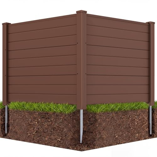 GYMAX 122 x 95 cm Clôture de Jardin en Plastique Décoratif 2 Panneaux, Clôture de Confidentialité avec Piquets Galvanisés, Brise-Vue pour Climatiseur Poubelles Cour Extérieur (Brun)