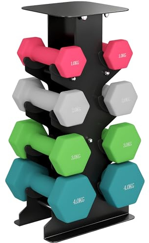 SPORTNOW Set di Manubri Palestra con Supporto, 2x1kg, 2x2kg, 2x3kg, 2x4kg, Pesi Palestra Esagonali con Supporto in Metallo con Impugnatura Antiscivolo, Allenamento Forza Fitness Casa, Multicolore