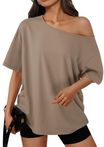 LILLUSORY Plus Size Oversized T Shirts for Women UK Off the Shoulder Tops Summer Short Sleeve Tshirts Fashion Going Out Capsule Wardrobe Ladies Mature Clothes 2026 Khaki L