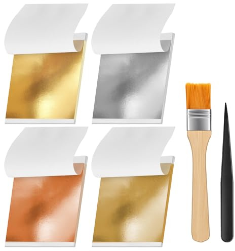 HOTUT Blattgold, 200 Blatt Gold Papier mit Pinsel und Pinzette für Skulptur, Möbel Kunst Handwerk, Gesichtsmasken und Nagelkunst, Bastel Goldblätter, Silber, Roségold, Champagnergold (8.5 * 8cm)