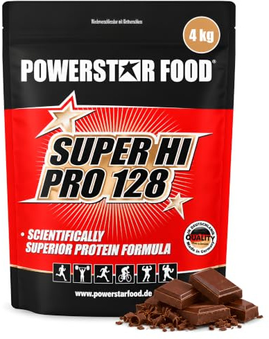 Powerstar SUPER HI PRO 128 Eiweißpulver Chocolate 4kg - 78% Protein i.Tr. | Mehrkomponenten Protein-Pulver - Höchstmögliche biologische Wertigkeit - Protein-Shake - Eiweiß-Pulver