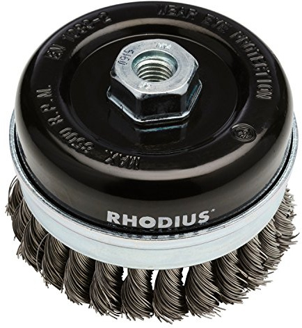 RHODIUS STBZ Ø 100 mm, 1 Stück Topfbürste Stahl, gezopfter Draht 0,5 mm, M14, Drahtbürste Winkelschleifer, Reinigungsbürste, Stahlbürste