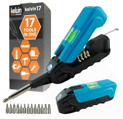 Kelvin Tools - Kelvin 17 Urban Screwdriver Set, All in One Everyday Multitool Screwdriver, Multi-Tip, Compact & Universal Precision, 13 Bit Set with Tape Measure, Liquid Level, Hammer and Flashlight