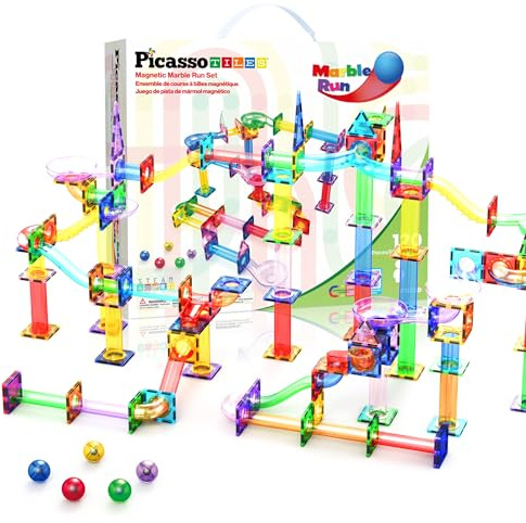 PicassoTiles 120 PCS Magnetic Tile Marble Run STEM Construction Set Ages 3+