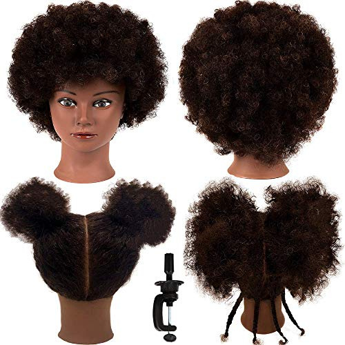 headdoll Afro Curly Mannequin Head with Human Hair Hairdresser Styling Cosmetology Manikin Doll for Practice Dye Braiding with Clamp Stand