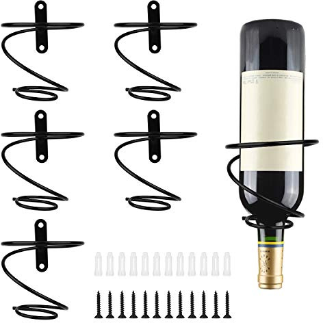 Yimerlen 6 Pcs Spiral Wine Wall Holder, Wall Mounted Wine Rack, Metal Wine Bottle Display Holder for Wine Storage Wall Wine Theme Decor (Downward Style) Black