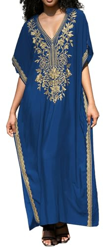 L-Peach bomull kaftan myskläder boho hemmakläder överdimensionerad kimono maxi strandklänning täckande kläder morgonrockar, D mörkblå, en storlek