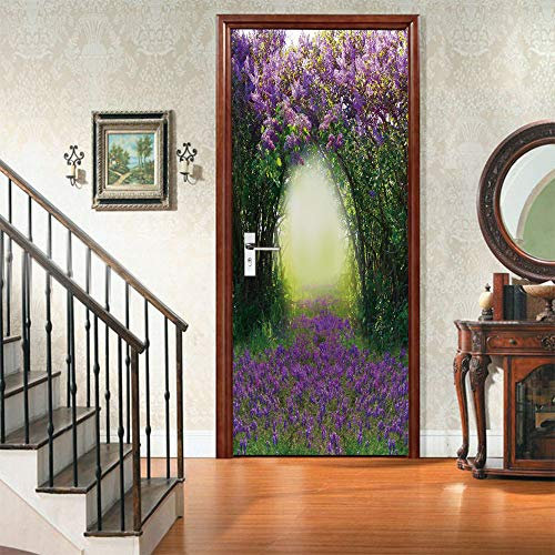 XWYDCF 3D Türtapete Selbstklebend Türaufkleber Waldgras Lila Blumen 90 * 210Cm Fototapete Türfolie Poster Abnehmbar Wandtapete Wohnzimmer PVC wasserdichte Tür Wandaufkleber