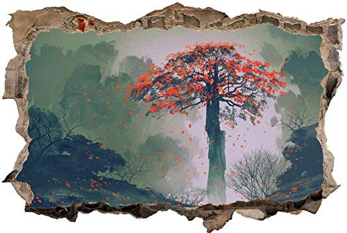 3D-Effekt Wandtattoo Aufkleber Durchbruch selbstklebendes Wandbild Wandsticker Stein Wanddurchbruch Wandaufkleber Tattoo,Baum Rote Blätter Düster,Größe:50x75cm