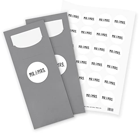 itenga 24x Bestecktaschen GRAU Mr. und Mrs. schwarz weiß Pochetten inkl. Serviette und Sticker Aufkleber Tischdeko Einweggeschirr passend für Hochzeit
