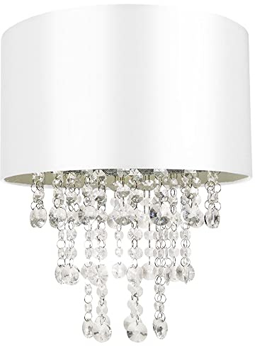 Modern and Eye-Catching White Satin Fabric Pendant Light Shade with Hanging Transparent Acrylic Droplets | 30cm Diameter by Happy Homewares