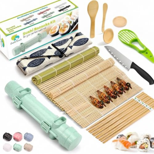 SmileTools Kit de Fabricación de Sushi 22 en 1 Con Tapetes de Bambú, Bazuca, Cuchillo de Chef, Palillos, Platos de Salsa, Esparcidor de Arroz y Cortador de Aguacate