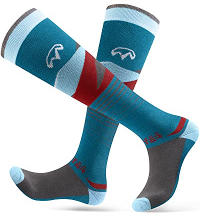 OutdoorMaster Ski Socks, 2-Pair Pack Skiing and Snowboarding Thermal Socks for Men with Non-Slip Cuff Design, Geometric Patterns - Grey Blue, Large