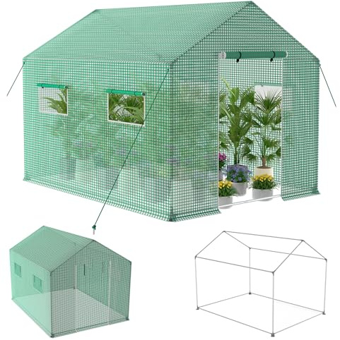 XMTECH Gewächshaus Foliengewächshaus 300x200x200cm Tomatengewächshaus für Gemüse Pflanzen, Obst, Garten, mit UV-beständige Gitternetzfolie und Fernster, Spitzdach, Grün