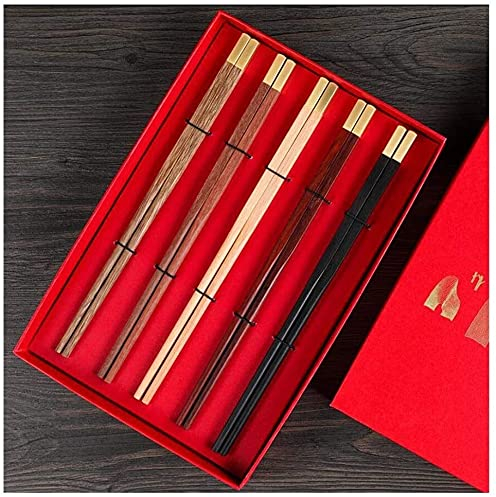 Bacchette, bacchette cinesi lavabili Tacchette cinesi in legno massiccio importato tacche regalo 5 paia di bacchette, nessuna lacca, nessuna cera, processo di placcatura oro della nebbia, adatto a fam