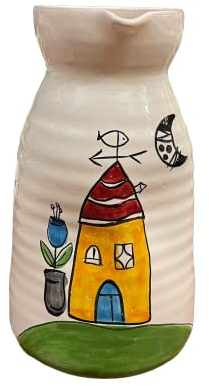 Amarcord Brocca Caraffa Artigianale in Ceramica Fatta e Dipinta a Mano con casetta gialla