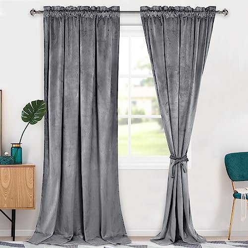 Hiasan Grey Velvet Curtains 96 inches-Blackout Thermal Insulated Solid Soft Curtains for Bedroom Living Room Rod Pocket Room Darkening 2 Panels Window Drapes with Tiebacks, 52W x 96L