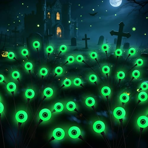 BomKra Halloween Decorations Outdoor Solar Scary Eyeball Lights,2PACKS 12LED Green Eyeball Swaying Firefly Lights,Waterproof Solar Halloween Path Lights for Yard/Garden/Lawn/Party Decor