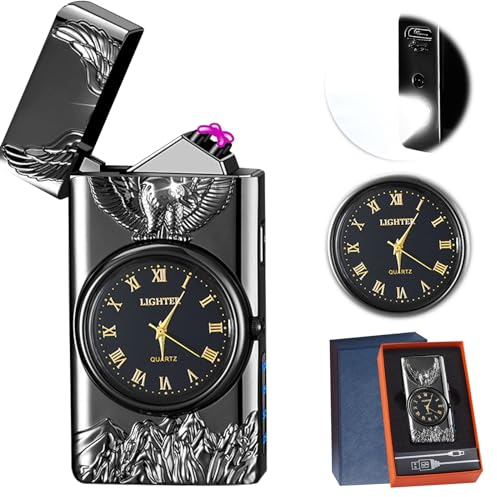 Accendino elettronico USB al plasma con illuminazione a LED e orologio, antivento con indicatore di batteria, ideale per camino, candele e cucina