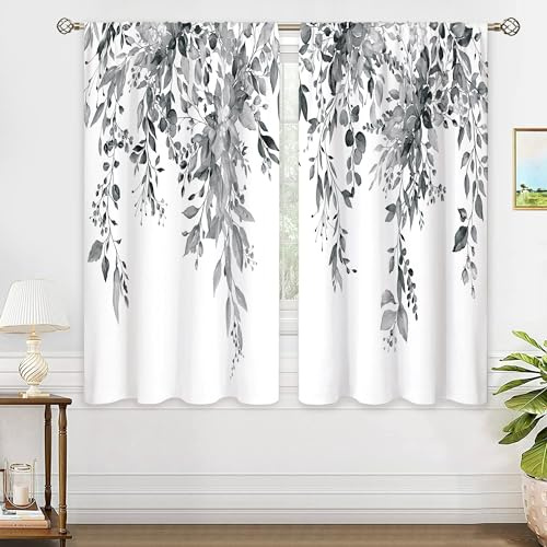 oolygoo Blau-graue Eukalyptus-Fenstervorhänge mit botanischem Motiv, Blättern, Aquarell, Schwarz/Weiß, Blume, Pflanze, Wildblume, Landhausstil, Kräuter, für Schlafzimmer, Wohnzimmer, Dekoration, 106 x