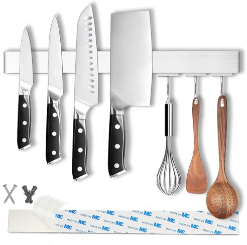 HomeSimplex 44,5 cm Magnetischer Messerhalter für Wand mit Haken - ohne Bohren Klebehalterung - 304 Edelstahl Messer Magnetstreifen