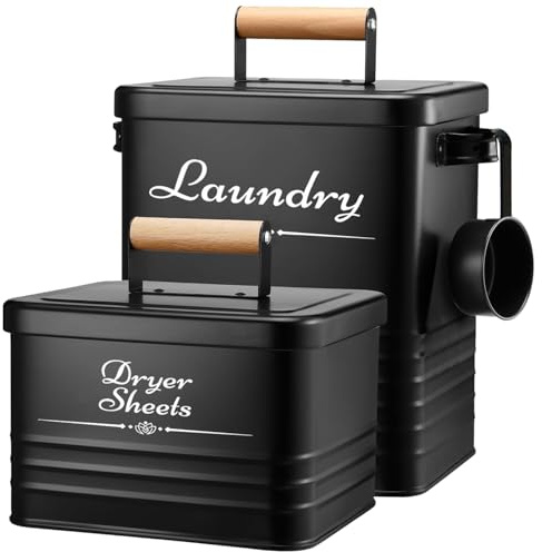 Farmhouse Metal Detergent Pod Container with Dryer Sheet Holder for Laundry Room Organization and Storage - Holds Over 200 Pods and 300 Sheets