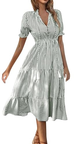 Kleider Damen Sommer Lang Midikleid Damen Elegant Volantkleider Rüschen Kleider A Linie Midi Sommerkleid Kurzarm Gestreift Kleid V Ausschnitt Kordelausschnitt Damenkleider mit Knopfleiste