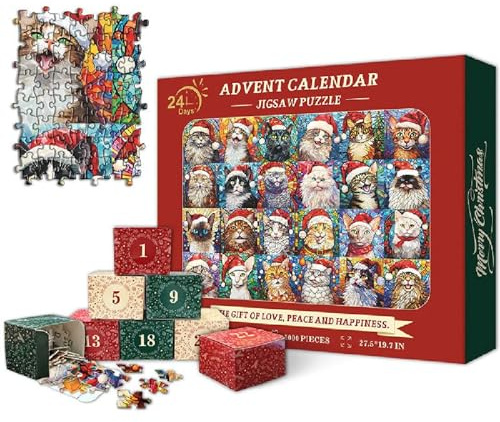 Happy Christmas Cats Advent Calendar Jigsaw Puzzle,Puzzle Advent Calendar 2024,Christmas Puzzle for Adults 1000 Pieces,Christmas Countdown Calendar 24 Days Jigsaw Puzzles,Gifts for Adults, Kids (Cat)