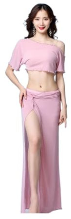 Bauchtanz Hüfttuch,Bauchtanz,Bauchtanz Gürtel Silber Mesh Transparent Frauen Bauchtanz Kostüm 2 Stück Langer Rock Tänzerin Praxis Tragen Team Tanz Kleidung(Pink,L)