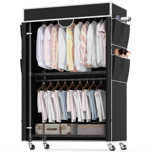 Himimi Kleiderständer mit Abdeckung Schwerlast Kleiderständer auf Rollen und Ablage Höhenverstellbar Stabil Metall Kleiderstange mit 2 Kleiderstangen und 4 Seitentaschen 90 * 45 * 205cm Schwarz
