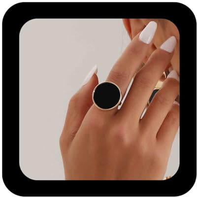 Enautoabs Bague Ronde en Onyx Noir - Disque Plat Vintage et Minimaliste Réglable