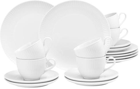 Seltmann Weiden Amina Kaffeeservice 18-teilig, Kaffeetassen mit Untertassen (250 ml) und Frühstücksteller (23 cm) für 6 Personen, Geschirr-Set mit dezentem Relief-Muster, Porzellan, Weiß